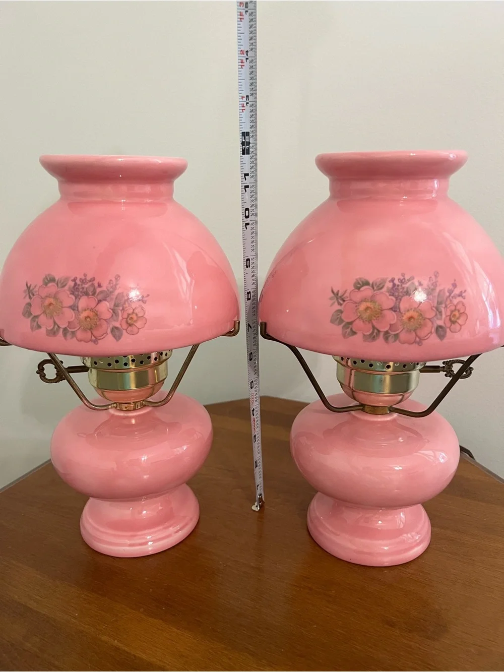 Vintage Pink Ceramic GWTW type 3-way Lamp with Floral Details-Electric-Pair